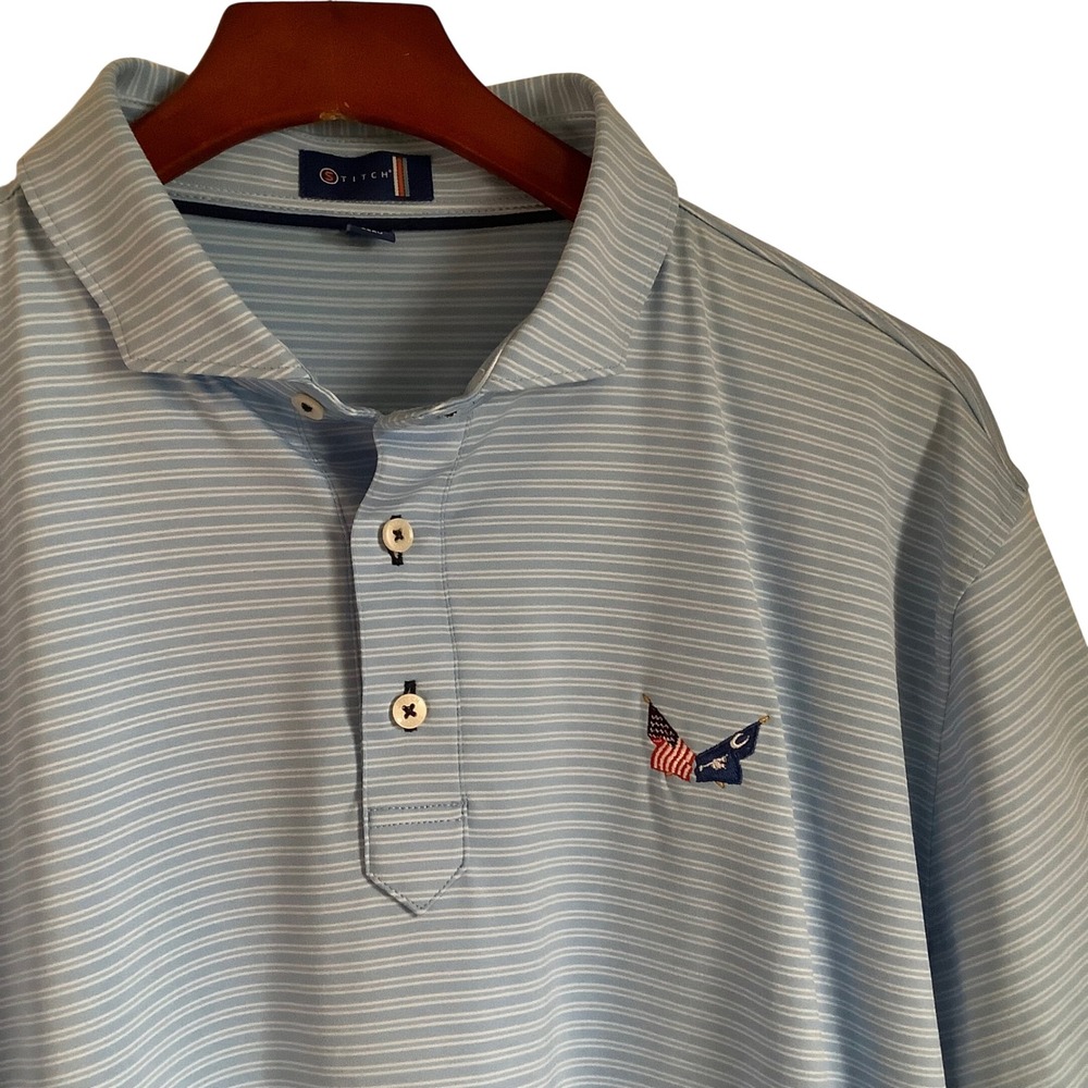 Stitch Golf Mens XL Polo Shirt Light Blue Striped South Carolina USA Flag Logo